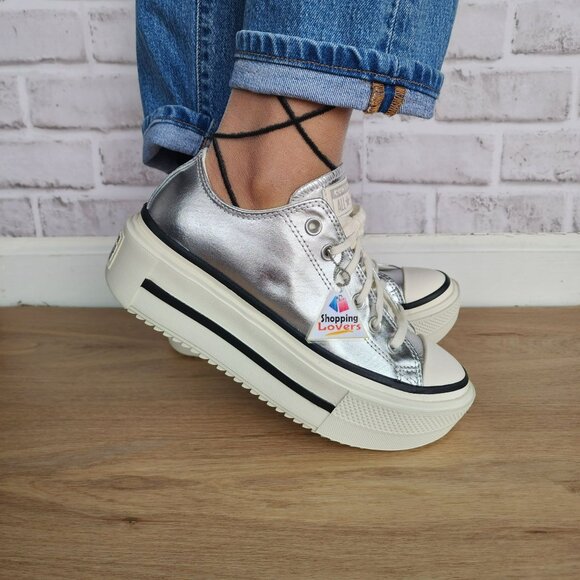 ⭐Converse Chuck Taylor Lift Double Stack 9.5 Women Shoes Sneaker Silver A16406C - Picture 4 of 12